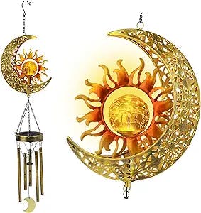 JYPS Sun Moon Solar Wind Chimes for Outside Crackle Glass Ball Waterproof Wind Chimes Outdoor Clearance Deep Tone Garden Decor Birthday Unique Gifts for Women Mom Grandma Windchimes Gardening