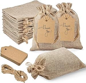 Jutieuo 25pcs Burlap Gift Bags with Drawstring 4x6 Inch Mini Gift Bags with Tags and String Reusable Small Party Favor Bags Linen Sacks Burlap Bags for Birthday Wedding Party Present Jewelry Pouches